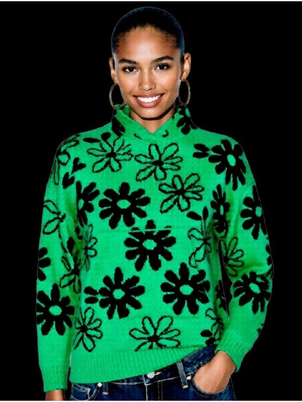Women's Sweater Green Flower Black Flowers Hippie Retro Chic Sz S fits M/L - Picture 1 of 9